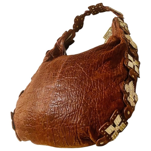 Charm & Luck Brown Textured Leather Embellished Silver & Rhinestone Hobo Bag - Picture 3 of 9